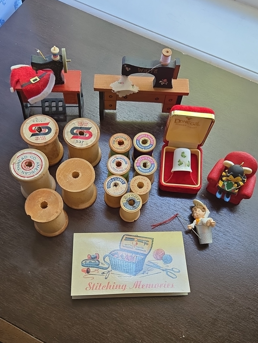 Vintage Wooden Thread Spool Set with Red Accents